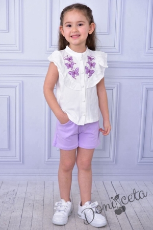 Комплект за момиче от риза с пеперуди и къси панталони в лилаво