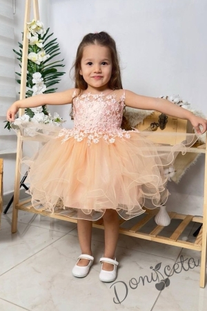 Официална детска къса рокля Анджела в прасковено с тюл без ръкав 