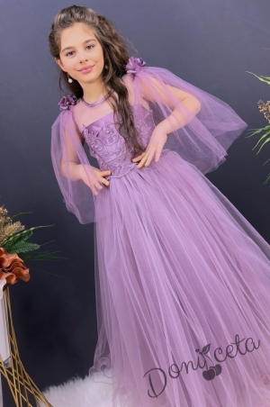 Официална детска дълга рокля в лилаво без ръкав с дантела и воали Виолета 1