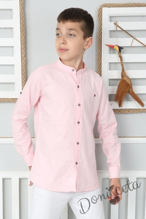 Детска риза с дълъг ръкав без яка за момче в розово 
