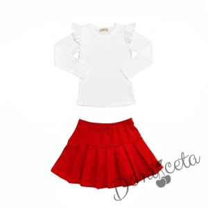 Комплект от пола плисе в червено и блуза в бяло и чорапи 2