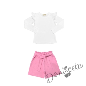 Комплект за момиче от къси панталони в розово и блуза в бяло 1