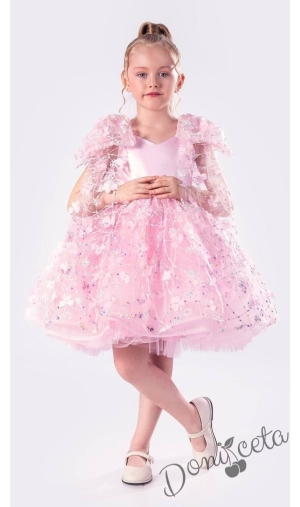 Официална детска рокля с къс ръкав в розово Розела