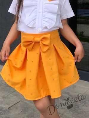 Комплект за момиче от 3 части - пола, риза и папийонка в горчица Анабел 3
