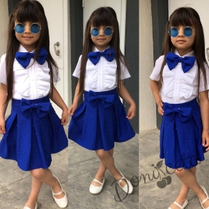 Комплект за момиче от 3 части - пола, риза и папийонка в синьо Анабел