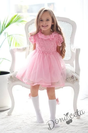 Официална бебешка/детска рокля с дантела в розово с къс ръкав 