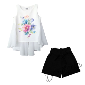 Детски комплект от къси панталони в черно и туника в бяло с цветя