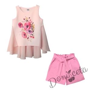 Детски комплект от къси панталони в розово и туника в прасковено с цветя 1