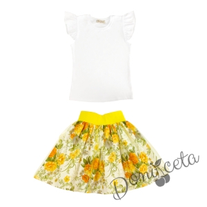 Комплект за момиче от 2 части - блуза в бяло и пола в жълто