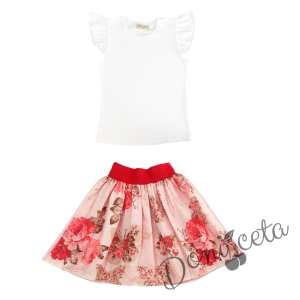 Комплект за момиче от 2 части - блуза в бяло и пола с червени цветя 