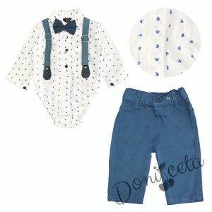 Комплект от 4 части- панталон, тиранти и папийонка  в синьо и риза в бяло с орнаменти