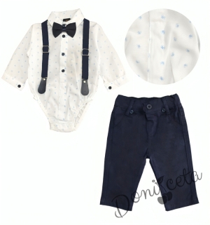 Комплект от 4 части- панталон, тиранти и папийонка със синьо и риза в бяло с орнаменти