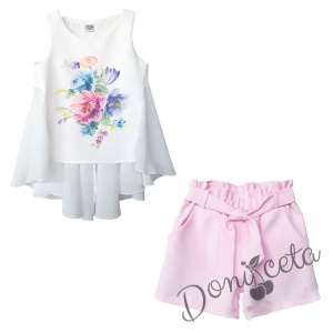 Комплект от къси панталонки в розово и туника в бяло с цветя 1