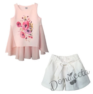 Комплект от къси панталонки в бяло и туника в прасковено с цветя 1