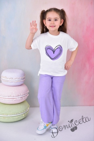 Комплект от 2 части - блуза и панталон в лилаво със сърце