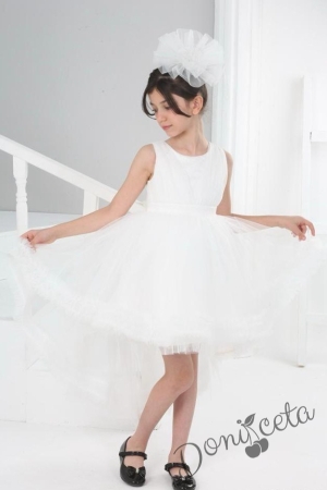 Официална детска дълга рокля в бяло с тюл без ръкав и шлейф Виола 1