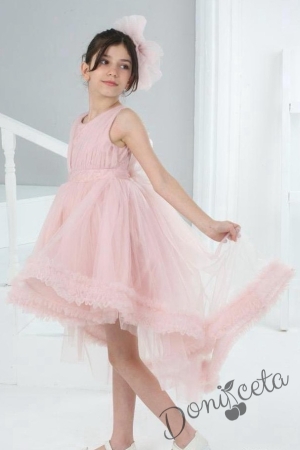 Официална детска дълга рокля в цвят пудра с тюл без ръкав и шлейф Виола 1
