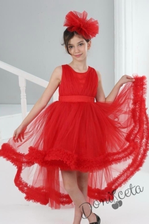 Официална детска дълга рокля в червено с тюл без ръкав и шлейф Виола 1