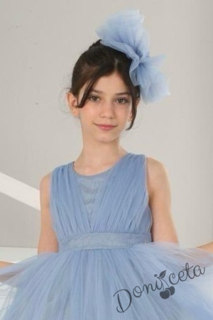 Официална детска дълга рокля в синьо с тюл без ръкав и шлейф Виола 2