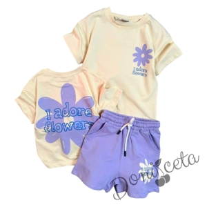 Комплект от блуза в бежово и къси панталони в лилаво I ADORE FLOWERS 1