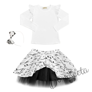 Комплект от пола в бяло на ноти и блуза с дълъг ръкав в бяло с къдрички и диадема