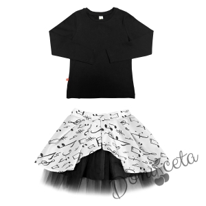 Комплект от пола в бяло на ноти и блуза с дълъг ръкав в черно