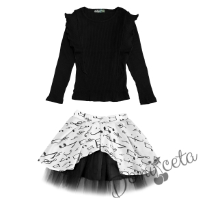 Комплект от пола в бяло на ноти, релефна блуза с дълъг ръкав в черно и диадема 2