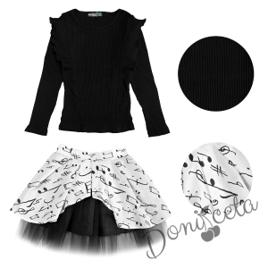Комплект от пола в бяло на ноти, релефна блуза с дълъг ръкав в черно и диадема 3
