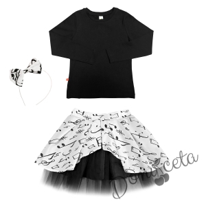 Комплект от пола в бяло на ноти, блуза с дълъг ръкав в черно, диадема и чорапи 2