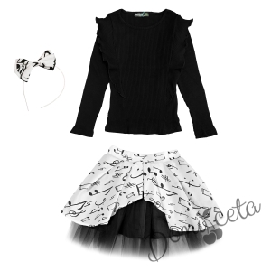 Комплект от пола в бяло на ноти, релефна блуза с дълъг ръкав в черно, диадема и чорапи 2