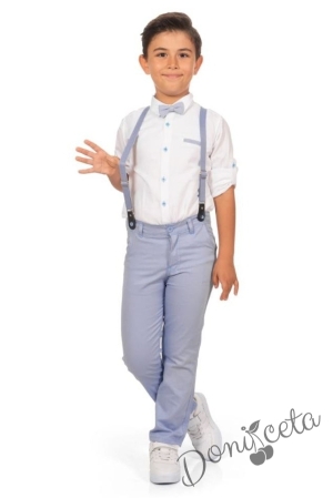 Комплект за момче от риза в бяло, папийонка с тиранти и панталони в светлосиньо 1