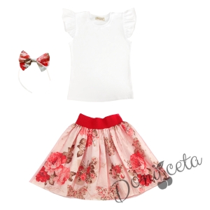 Комплект за момиче от 3 части - блуза в бяло, пола с червени цветя и диадема 1