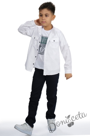 Комплект за момче от 3 части - тениска, панталон и риза в бяло