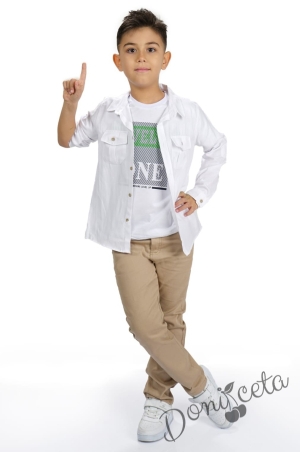 Комплект за момче от 3 части - тениска и риза в бяло и панталон в бежово