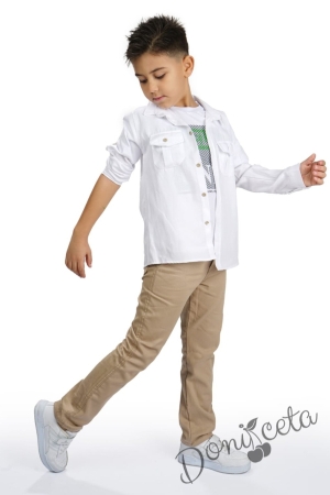 Комплект за момче от 3 части - тениска и риза в бяло и панталон в бежово 4