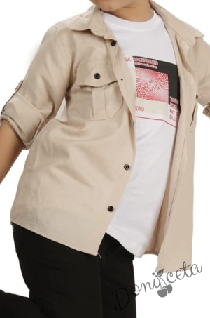 Комплект за момче от 3 части - тениска в бяло, риза в бежово и панталон в черно 2
