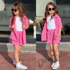 Комплект за момиче от 3 части - къси панталони и сако в розово и потник в бяло 1