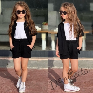 Комплект за момиче от 3 части - къси панталони и сако в черно и потник в бяло 1