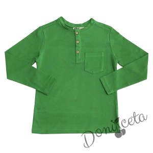 Детска блуза с дълъг ръкав за момче в зелено с джоб