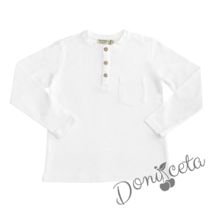 Детска блуза с дълъг ръкав за момче в бяло с джоб 1