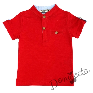 Детска/бебешка блуза за момче в червено с къс ръкав и бежови копчета