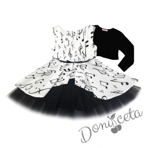 Комплект от детска рокля в бяло с черни ноти и болеро в черно