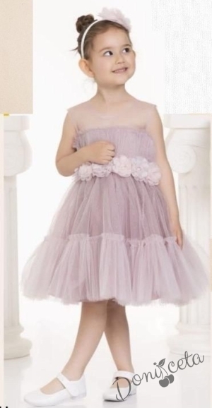 Официална детска/бебешка рокля в пепел от рози с тюл и диадема за коса 1