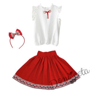 Комплект за момиче от 3 части- пола с етно мотиви, риза в бяло с червена панделка и диадема