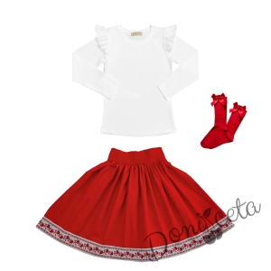 Комплект за момиче от 3 части- пола с етно мотиви, блуза с дълъг ръкав с къдрици и  чорапи 1