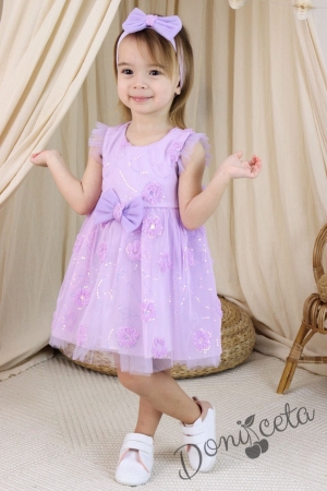 Официална детска/бебешка рокля в лилаво с тюл и лента за коса Оксана