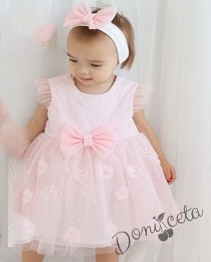 Официална детска/бебешка рокля в розово с тюл и лента за коса Оксана