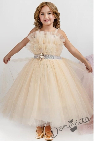 Официална детска дълга рокля в бежово с тюл без ръкав Теона 1