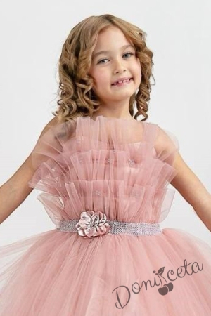 Официална детска дълга рокля в цвят пудра с тюл без ръкав Теона 2