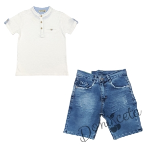 Детски комплект за момче от блуза в бяло и къси дънки в синьо 1